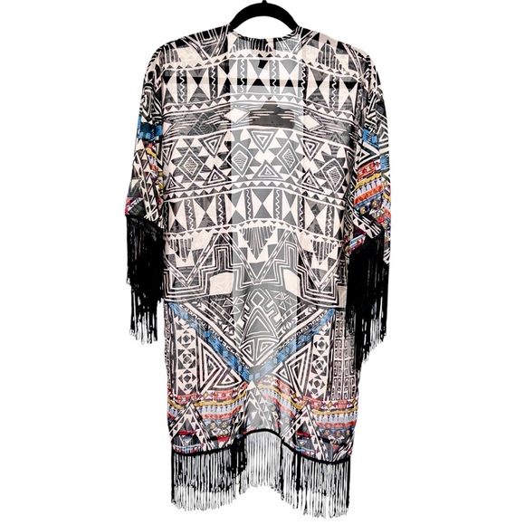 Angie NWT Aztec Print Fringe Kimono Medium Sheer Colorful Southwest Boho Flowy - Picture 2 of 16